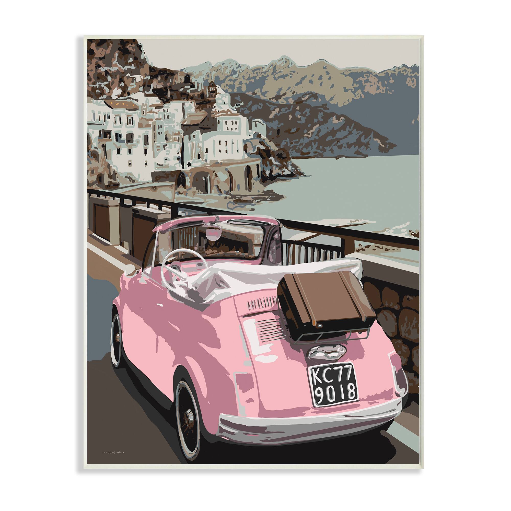 Stupell Industries Pink Car Cliffside Town on Waterfront Road Wall Plaque
